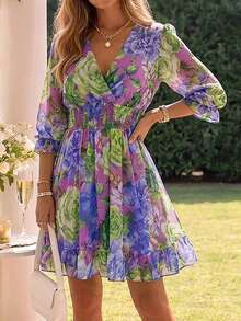 ChicMe Women's Elegant Floral Layered V-Neck Long Sleeve Dress, Waist-Cinched Pleated Ruffle Chiffon Vacation Style Flared Mini Dress, Summer Style - Lilac Purple - View 6