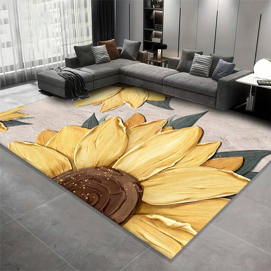 Soft And Thickened Area Rug, Sunflower Pattern Carpet, In A Combination Of Yellow, Brown, And Gray, Machine Washable, Soft, Lightweight, Suitable For Bedrooms, Living Rooms, Offices, Indoor Playrooms, As Warm As The Spring Sunshine, Suitable For Christmas, Halloween, Thanksgiving, Father's Day, Mother's Day, Graduation Season, June Day, And Independence Day - 簡約款 - 查看 1