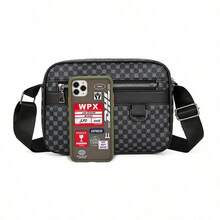 男士几何图案PU皮革大容量多口袋拉链相机包斜挎单肩包，适合日常通勤和旅行 - 彩色 - 查看 7