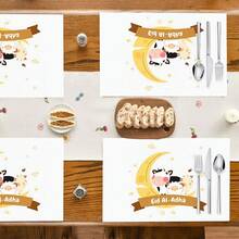 1pc/4pcs/6pcs Linen Placemat With Cow, Sheep & Moon Pattern, Eid Al-Adha Decor, Eid Al-Adha Gift, Suitable For Dining Table, All Season Decoration, Modern Washable Tabletop Mat, Room Decor, Coaster, Kitchen Dining Mat, Indoor Outdoor Party Decor, Home Decor, Ideal Gift - Multicolor - View 3