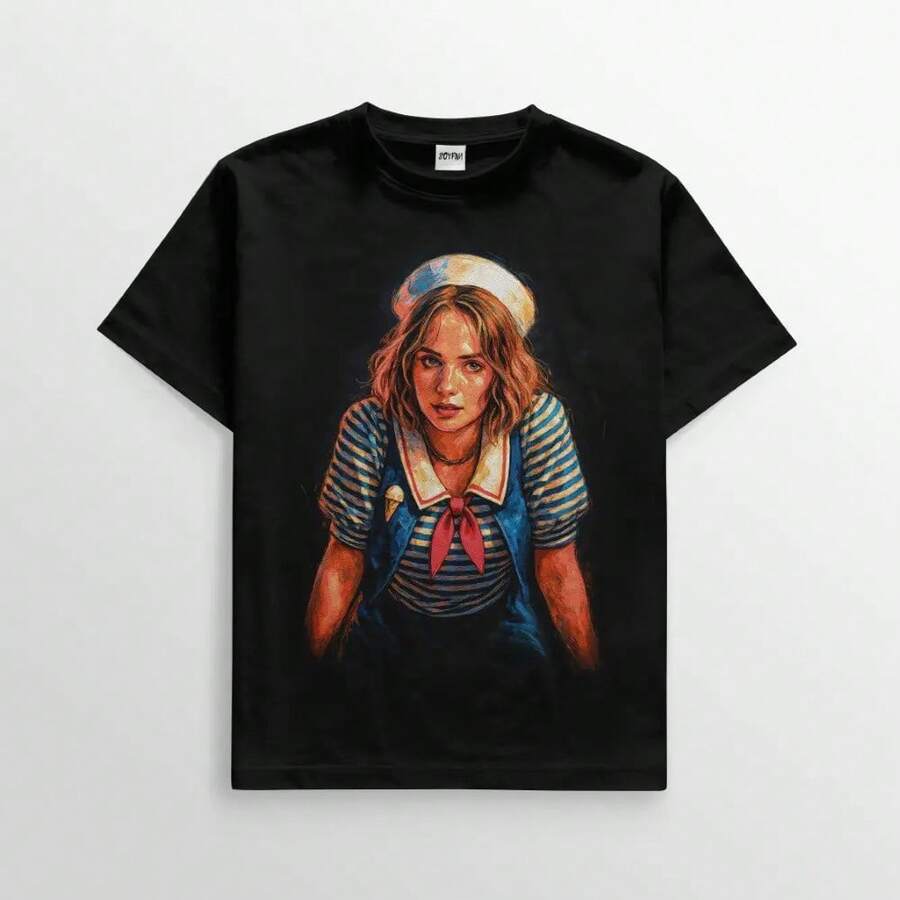 T-Shirt, The Sideaa-Inspired T-Shirt With Hawkins Ding Hugs Graphic Shirt, - 黑色 - 查看 1