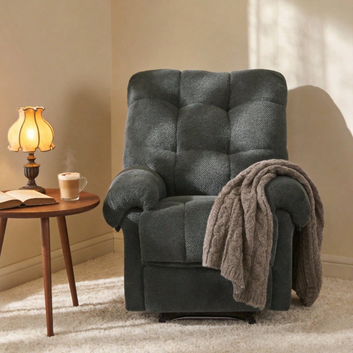 Dark Gray Recliner Chair, Overstuffed Armchair, Sofa Chair, Leisure Chair, Living Room Chair, Soft Chair, Manual Recliner, Living Room Seating, Reading Chair, Padded Footrest, Home Theater Seating, Er 
