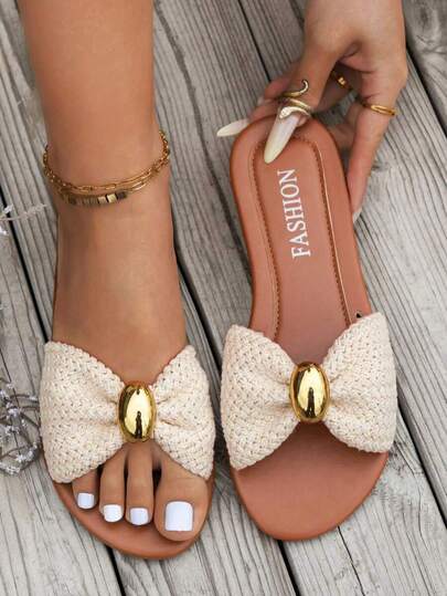 Women's Woven Bow Flat Slide Sandals, Fashion Summer Gold Metal Decor Open Toe Slip On, Casual Lightweight Comfy Slippers For Beach Vacation, Daily Home & Outdoor Wear