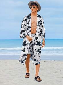 Men's Casual Vacation Cardigan Robe - Bohemian Style Floral Print, Hawaiian Open-Front Long Cardigan Shawl With Belt And Side Pockets, Suitable For Beach, Pool, Home Wear, Or Outdoor Camping. Loose Fit, An Excellent Holiday Gift. Three-Piece Home Robe Set: Long Robe + Shorts + Belt - 混合色3 - 查看 10