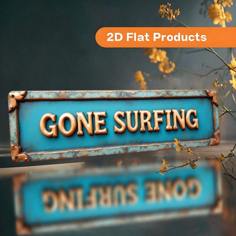 1pc, 2D Flat, Decorative Only, Vintage "GONE SURFING" Metal Surfing Sign - Turquoise And Gold Retro Beach Decor - Large 3.9x15.7 Inches (10x40cm) - Heavy Duty Plaque, Suitable For Home, Garage, Bar, Cafe - Pre-Drilled Holes For Easy Hanging - Ideal For Surf Shack, Man Cave, Coastal Decor - Perfect Gift For Surfers, Also Suitable For Beach Style Room Decor - A - View 1