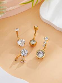 Bộ 4 khuyên rốn bằng thép không gỉ, kiểu bốn chấu, ren trong, đính đá Zirconia hình trái tim đôi, trang sức xỏ rốn gợi cảm, mạ vàng 18K, thích hợp cho các lễ hội. - Vàng - Xem 4