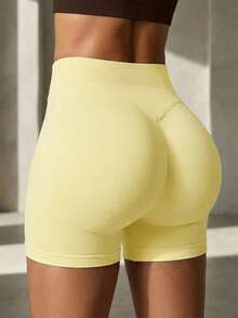 FWH #Slimming & Shaping# 女款無縫運動短褲，彈性腰頭，抓皺設計，舒適彈性腰帶，提臀抓皺效果，修飾臀部線條，活動自如，適合休閒日常運動健身跑步，無束縛感，女款休閒提臀運動短褲 - 黃色 - 查看 5