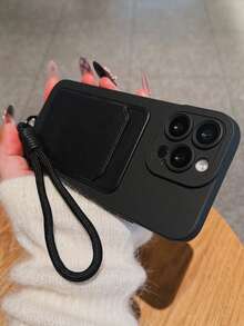 1pc Ultra-Thin Minimalist Black Lens Protection Anti-Drop Phone Case With Black Card Slot, Matching Color Lanyard, Compatible With Iphone 16 Pro Max, 15/14 Plus/13/12/11 Protective Case, Applicable To 17/17 Pro Max/Air, Anti-Drop And Wear-Resistant - Black - View 5