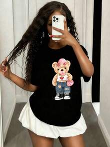 1 Pack Girls Casual Printed Crew Neck Short Sleeve T-Shirt Summer Student Youth Clothing - Đen 4 - Xem 1