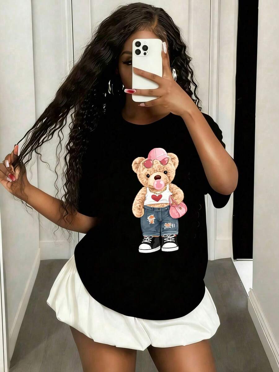 1 Pack Girls Casual Printed Crew Neck Short Sleeve T-Shirt Summer Student Youth Clothing - Đen 4 - Xem 1