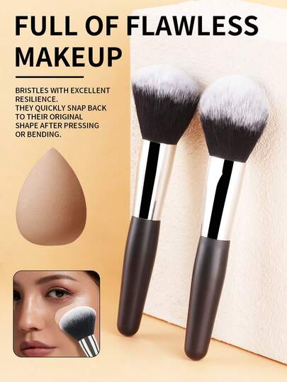 2pcs Black & Silver Wooden Handle Makeup Brushes Set, Soft Bristle Powder, Contour Brushes With Makeup Sponge, 3 PiecesSet
