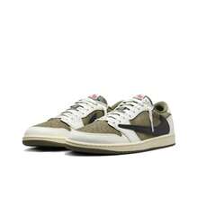 Nike Jordan * Travis Scott Air Jordan 1 Reverse Swoosh 8.0 Low OG "Medium Olive" Low-Top Retro Basketball Shoes, Unisex, Beige/Green - DM7866-200 - 查看 2