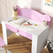 AIYAPLAY Kids Desk And Chair Set, Study Table And Chair With Storage Drawer For Drawing, Reading, Writing, Bear Theme Children Writing Table Set For Bedroom, Daycare, Playroom, Pink - Pink - View 9