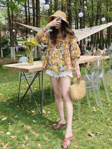 Summer New Loose Sweet 3/4 Sleeve Round Neck Doll Shirt, Fashionable Batwing Sleeve Floral Blouse Vacation Spring - Ginger - View 9