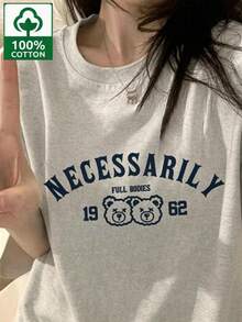 Bear Print, College Style, Light Gray, Short-Sleeved T-Shirt, 100% Cotton, Women's, Versatile, Casual Top, Domestic Shipping. Women's Clothing, New Summer Style, Summer Clothes, Ladies, High Price, Short Sleeves, Spring Clothes, Women's Short-Sleeved T-Shirt (1 Piece). - Light Grey - View 1