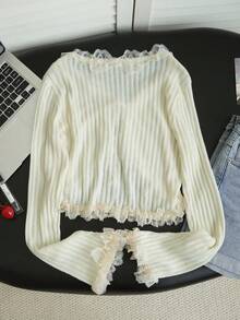新款春夏韩版修身荷叶边V领针织女式毛衣 - 杏色 - 查看 6