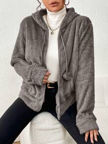 Imported Women's Long-Sleeved Teddy Coat With Zipper And Thick Hood. - Grey - View 1