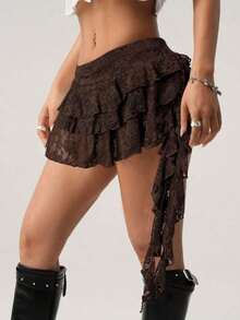 ICON Low Waist Casual Lace Wave-Trim Skirt With Safety Shorts To Prevent Exposure, For Vacation,Bohemian Clothes - 棕色 - 查看 7