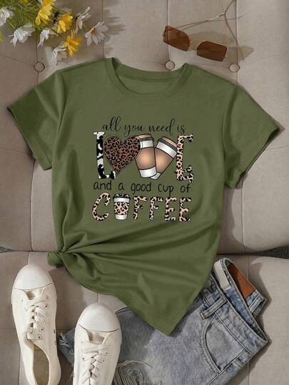Casual Women's Coffee Lover Graphic Tee, Short Sleeve Round Neck Polyester T-Shirt with Leopard Print Details, Regular Length Top for Everyday Style