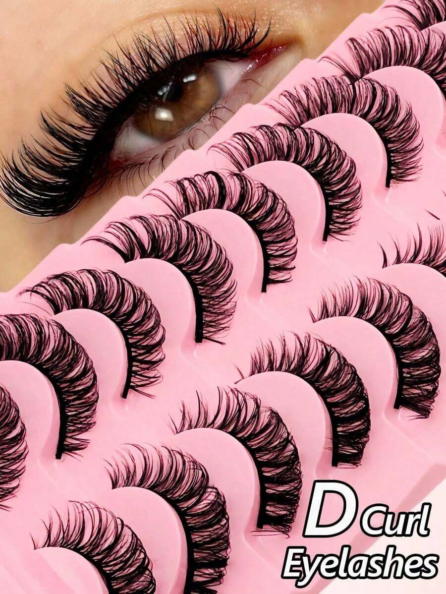 7 Pairs D Curl Russian Strip False Eyelashes Natural Look Fluffy Faux Mink Lashes Volume Wispy Long Foxy Eye Lifting Look Fake Eyelashes - 自然睫毛 - 查看 1