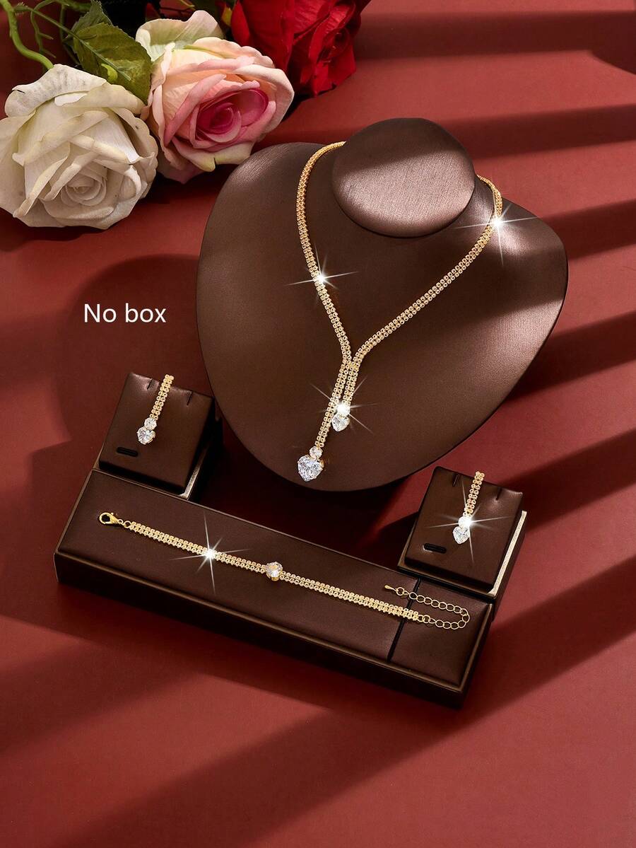 4pcs/Set Women's Heart Pendant Jewelry Set, Y-Shaped Necklace, Dangle Earrings, Bracelet, Bridal Wedding Anniversary Valentine's Day Mother's Day Gift - Gold - View 1