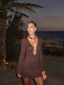 Vestido de punto de verano para mujer, estilo casual de vacaciones, diseño de vestido corto con escote en V profundo y calado, con accesorios florales, adecuado para vacaciones en la playa y viajes a la como vestido protector solar, vacaciones, estilo bohemio, vestido sexy, ropa de verano para mujer - blanquecino - Ver 11