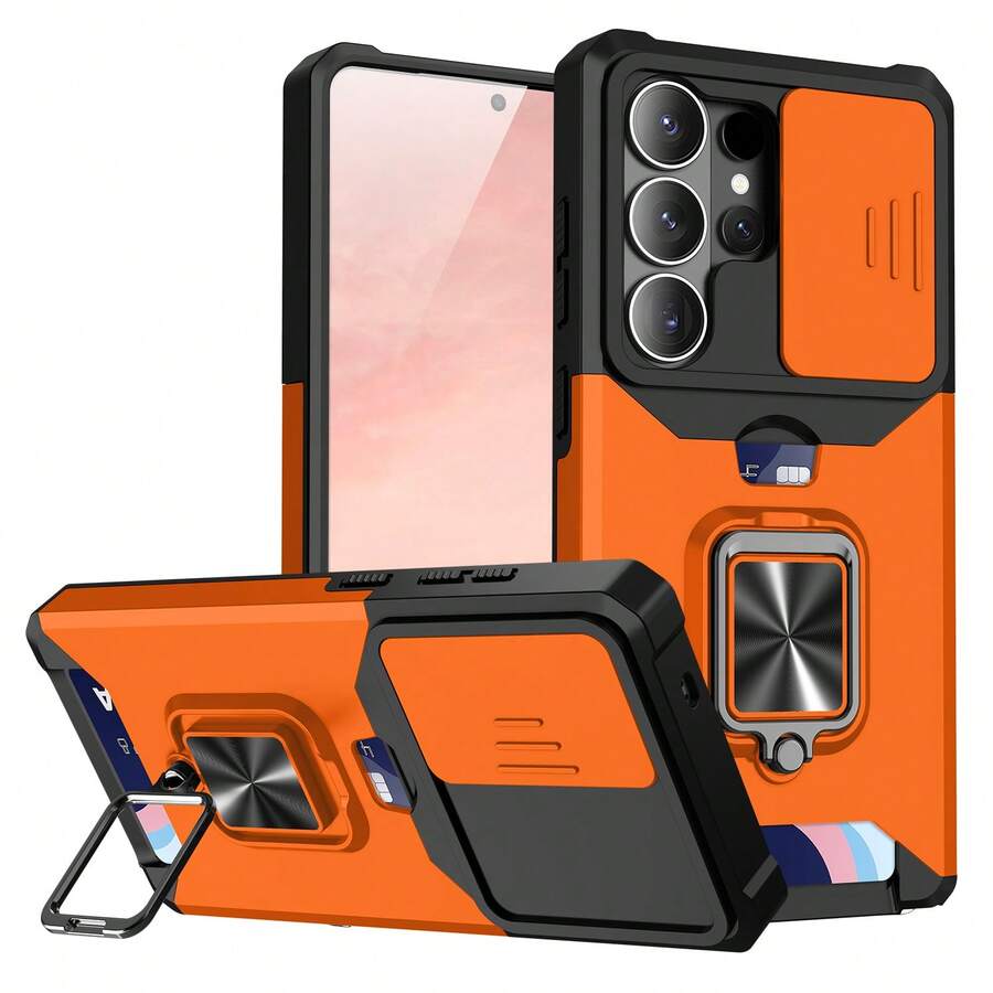 360° Adjustable Phone Case With Card Slot & Lens Protection, Compatible With Apple 11/13/14/15/16/17, S26U/S25/S24P/A56/A16/A26, Note 14/15/13/11 Pro - Orange - View 1