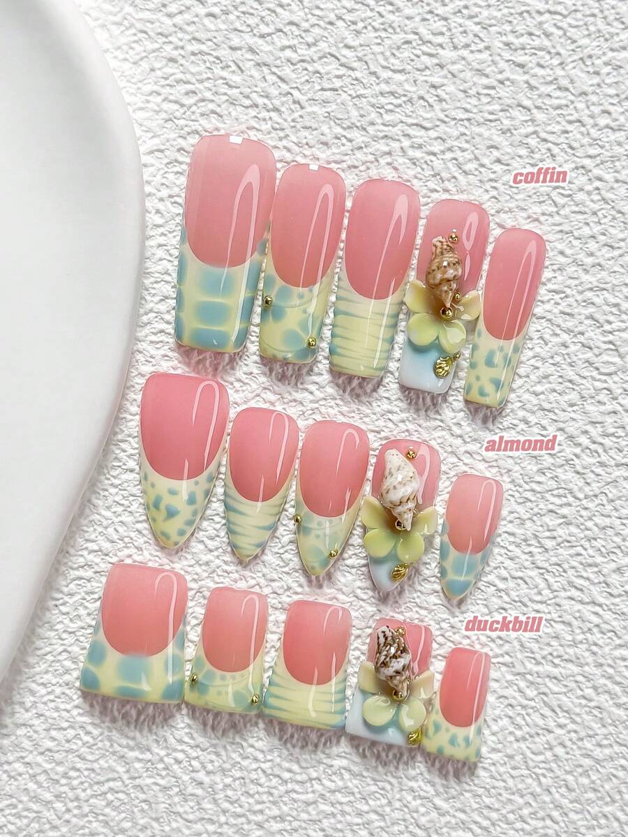10片夏季海洋風手工穿戴甲,Polygel美甲套組,貝殼與海螺設計,手繪花卉條紋,藍黃配色,清新風格,附美甲工具,3種尺寸可選,杏仁形、鴨嘴形、棺材形,適合派對、舞蹈、日常配戴 - 彩色 - 查看 1
