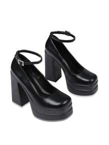Women's Patent Leather Black Double Platform Pumps Ankle Strap Block Heel High Heel Shoes Mary Janes For Party & Wedding - 黑色pu - 查看 2