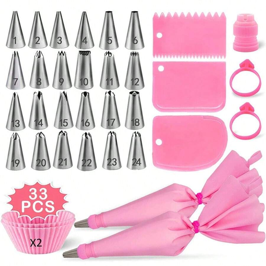 33pcs Pink Icing Piping Bags & Icing Nozzle Set - View 1