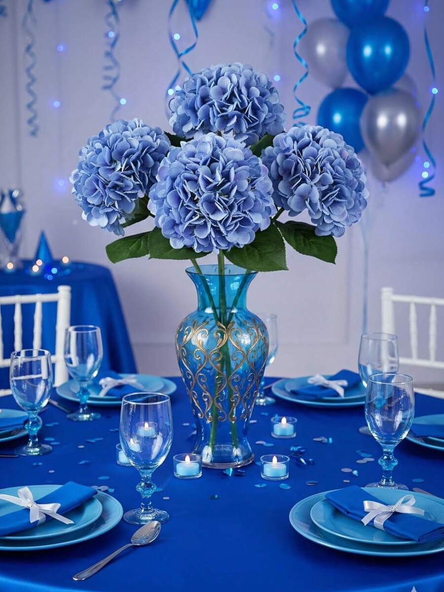 1/3/6/10 Peças Flores Artificiais Azuis Bordadas de 47 cm com Hastes ...