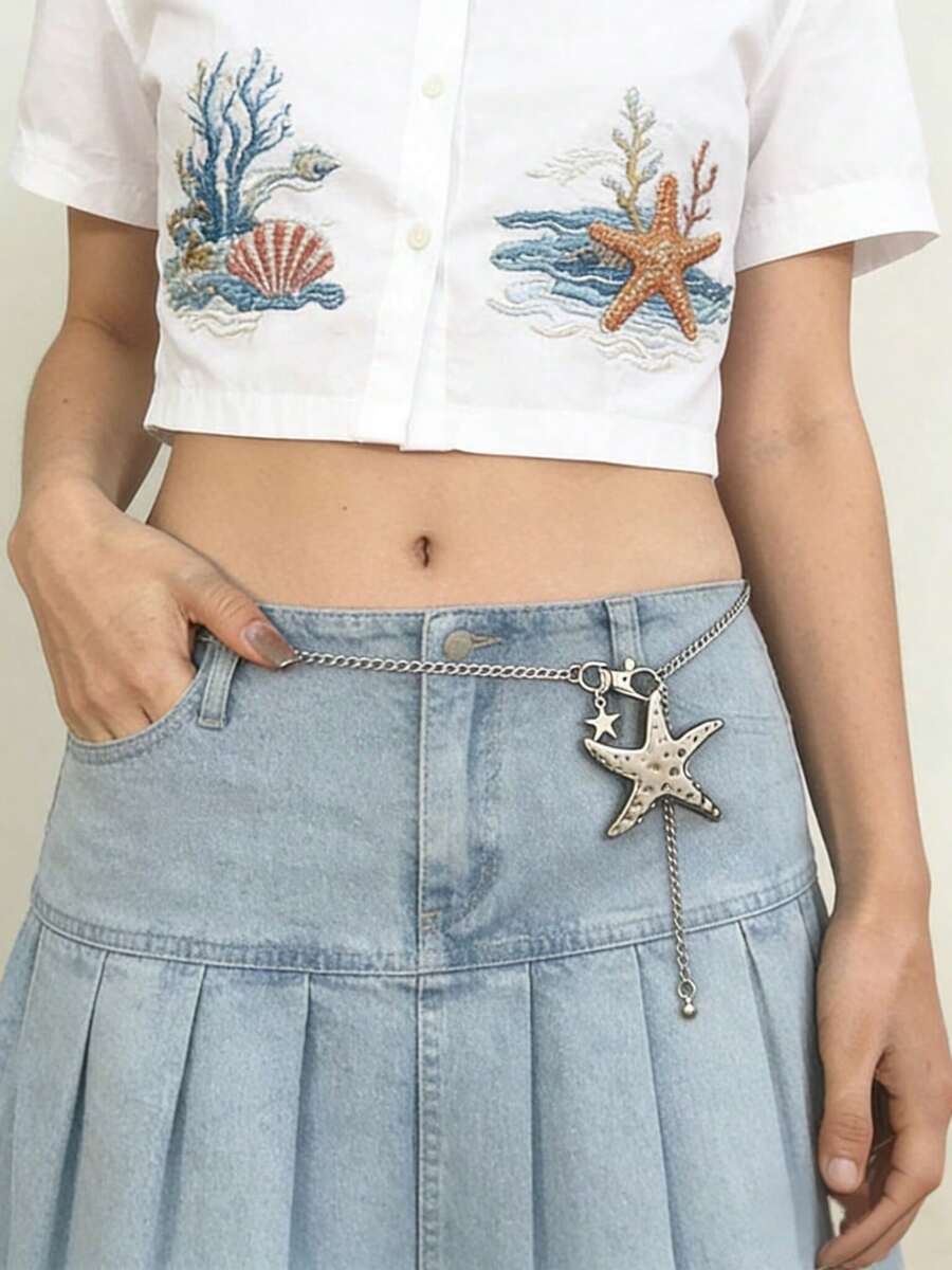 1 pieza Cadena corporal de mujer elegante y vintage personalizada con cadena ajustable para la cintura y colgante de estrella de mar bohemio, adecuada para uso diario, fiestas, citas, festivales, vacaciones de verano en la playa, un regalo memorable para amigos, familia, parejas, diseño de joyería original