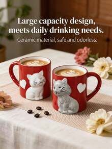 Ceramic Coffee Cup, 3D Cute Cat Print Coffee Cup, Household Water Cup, Juice Cup, Large Capacity, Cute Couple Friend Coffee Cup - Hand Washed Only, Heat Insulation, Reusable, Suitable For Juice, Milk And Coffee, Perfect Gift For Coffee Lovers, Men And Women, Suitable For Couples Back To School, 2PCS - 紅色 - 查看 1