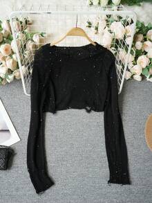 2026夏季性感破洞亮片短款连帽衫，甜美又性感的Y2K街头风透视长袖针织罩衫 - 黑色 - 查看 8