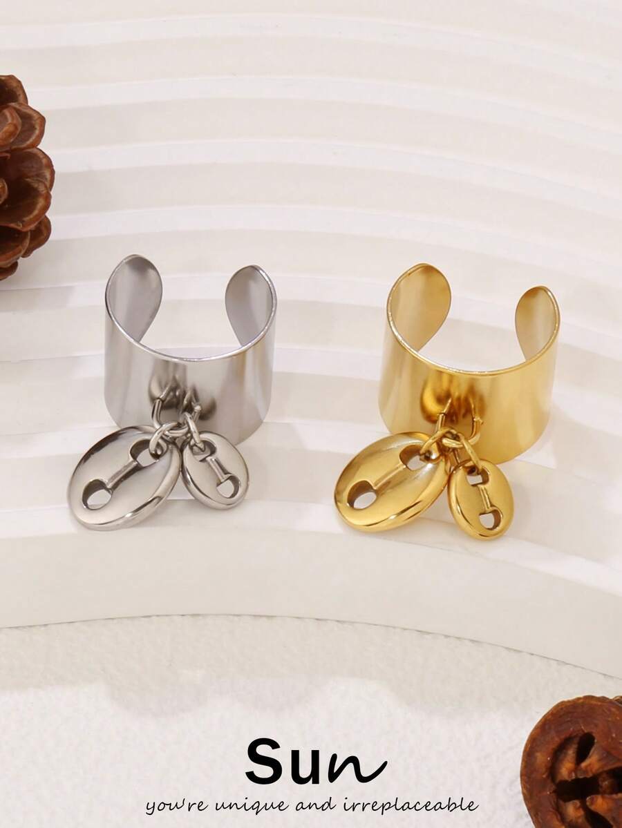 1pc Stainless Steel Coffee Bean Pendant Open Rings For Women Fashion Wide Ring Jewelry Gift - Ring - View 1
