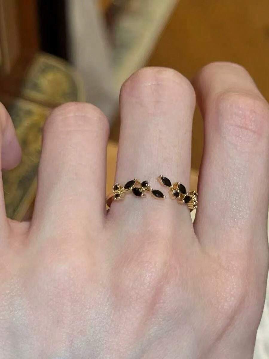 1 pieza Anillo de diseño de espiga y hoja negro y dorado, elegante y minimalista, versátil, adecuado para que las mujeres lo usen en cualquier ocasión, gran regalo para el amor - Negro - Ver 1
