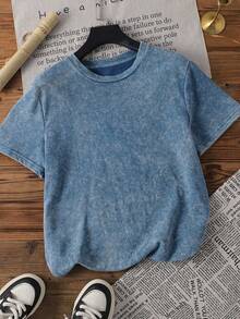 Áo thun nữ tay ngắn cổ tròn chất liệu cotton pha màu, kiểu dáng thanh lịch và tối giản, in hình cánh bướm, thích hợp mặc đi làm vào mùa xuân, hè và thu. Phong cách thường ngày. - Màu xanh lam - Xem 3