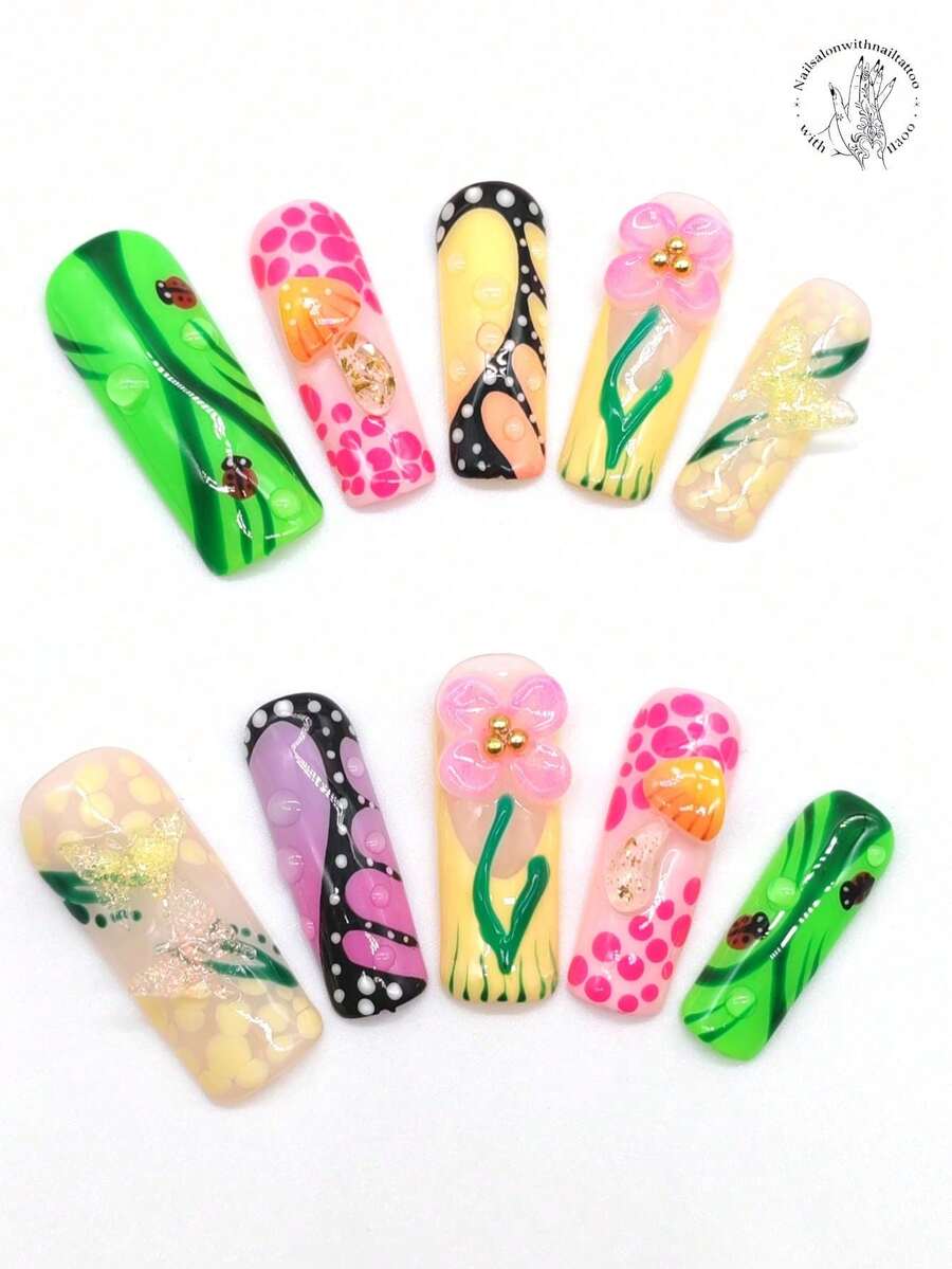 10片纯手工压制美甲贴,33mm长方形,绿色美甲贴,粉色美甲贴,黄色渐变美甲贴,立体凸起粉色花朵美甲贴,蘑菇形美甲贴,瓢虫图案美甲贴,3D蝴蝶装饰美甲贴,黑色线条美甲贴,绿色线条美甲贴,粉色斑点美甲贴。可爱春日美甲贴。 - 彩色 - 查看 1