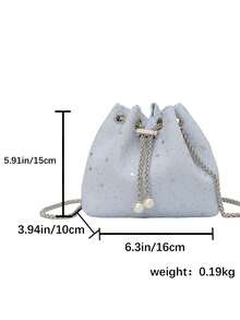 1个尼龙纯色抽绳链条水桶包，星月图案斜挎单肩包，时尚珍珠装饰，女士款 - 淺藍色 - 查看 3