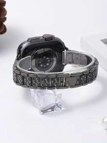 1条兼容的表带，男女通用，闪亮时尚黑色金属手链，兼容 38mm、40mm、41mm、42mm、45mm、46mm、49mm，Series 10/9/8/7/6/5/4/3/2/1/SE/Ultra，可调节腕带，钻石不锈钢金属表带 - 黑色 - 查看 7