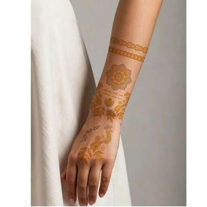 2张波西米亚风海娜金箔临时纹身贴纸，金银金属质感，蕾丝几何图腾图案，适合女性海滩度假，防水持久，金属光泽设计，透气，羽毛花卉曼陀罗图案，完美适用于海滩、节日和音乐派对