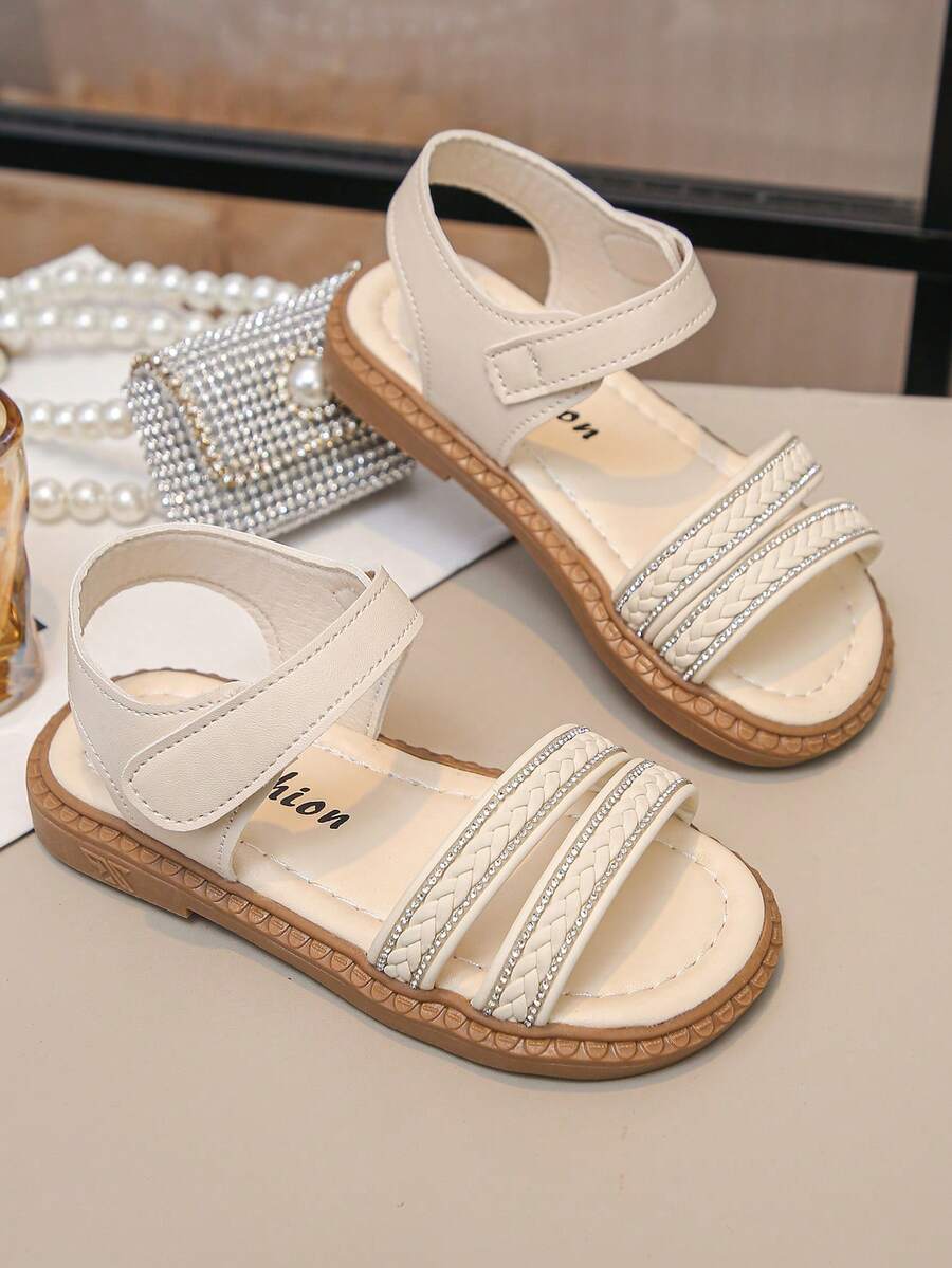 Giày sandal đế bằng đính sequin bện cho bé gái, đế mềm chống trơn trượt và quai móc hở, giày trẻ em mùa hè thường ngày. - Màu be - Xem 1