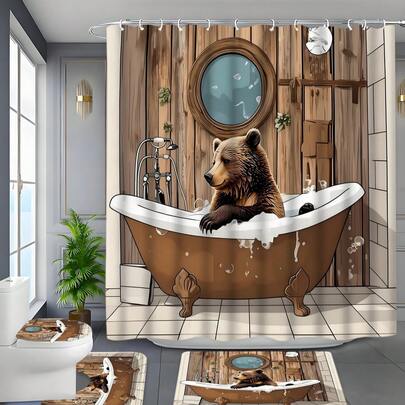 Bộ đồ dùng phòng tắm 4 món hình gấu xám bằng polyester, bao gồm rèm vải chống thấm nước, có thể giặt máy, kèm móc và phụ kiện, dễ dàng lắp đặt - Trang trí thời trang cho mọi mùa.