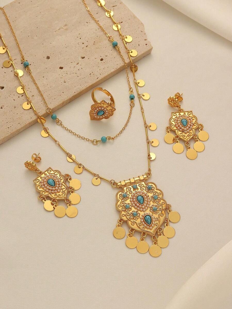一套波西米亚风格铜合金镀金小圆盘流苏绿松石珠吊坠项链、耳环、戒指首饰套装，适合女性日常佩戴及节日礼物 - 金黃色-C - 查看 1
