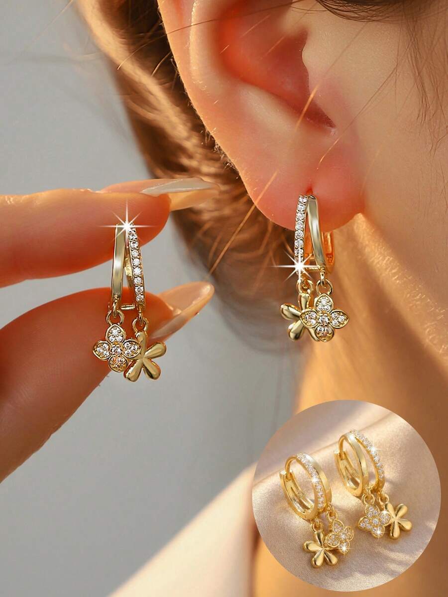 1 Đôi bông tai hình cỏ bốn lá năm cánh đính đá toàn bộ, kiểu dáng hai lớp cổ điển thanh lịch, đa năng, phù hợp cho đeo hàng ngày, hẹn hò, dự tiệc, các dịp lễ hội. - hoa - Xem 1