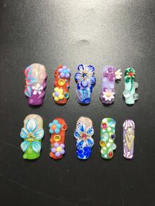 10件組3.3cm手工方形穿戴式美甲貼片，多色裝飾花朵、花瓣與水鑽，適合女性與女孩，適用情人節、派對、節慶及日常佩戴，美甲配件，壓克力美甲套組，含美甲套件、手工壓花美甲、假指甲貼紙與美甲用品 - 彩色 - 查看 2
