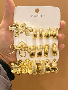 Juego de 6-18 piezas de aretes de tono dorado, elegante y con estilo, adecuado para varios atuendos - Dorado - Ver 1