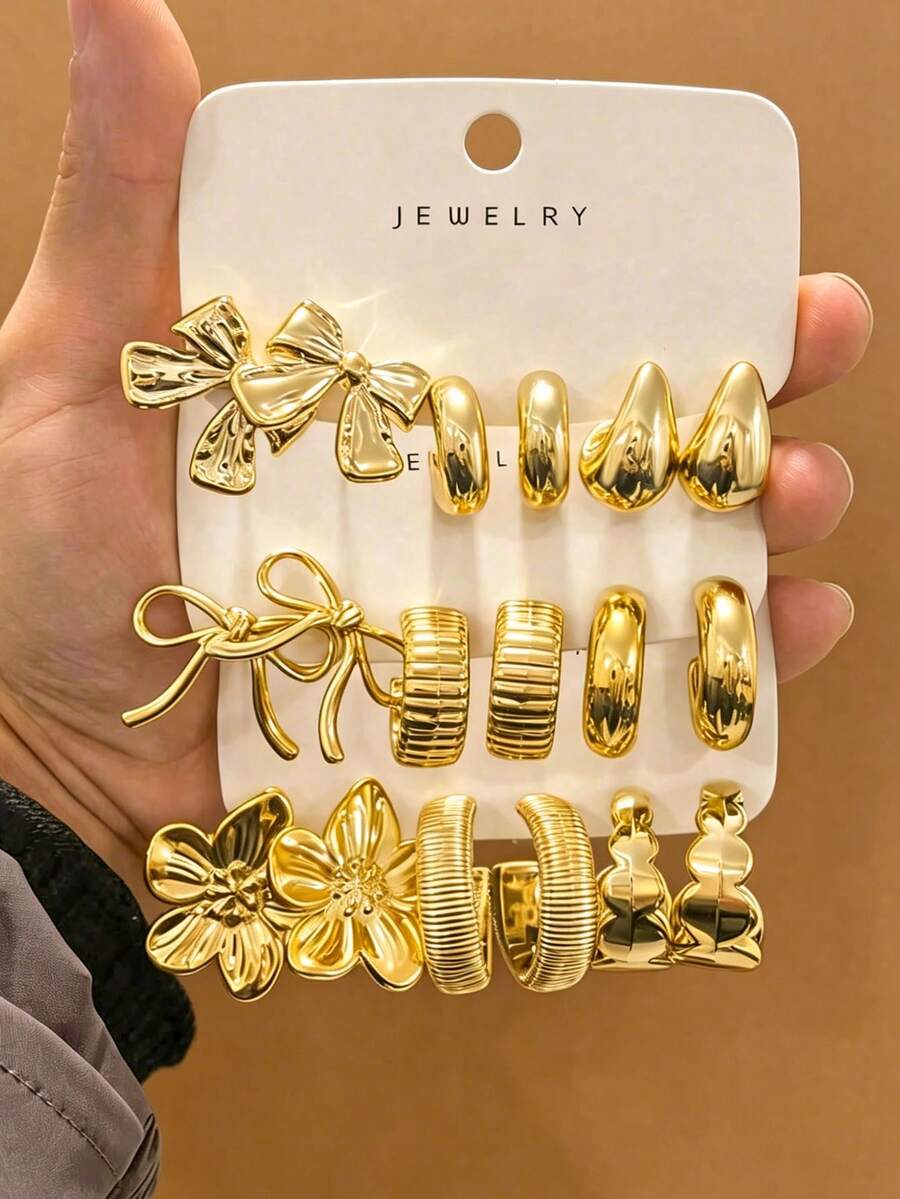 Juego de 6-18 piezas de aretes de tono dorado, elegante y con estilo, adecuado para varios atuendos - Dorado - Ver 1