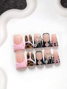 10pcs Y2K Baddie Style Polygonal Gel Nail Kit, Acrylic Pressed Nails, Silver Star Chain Nail Decor With Small Rhinestones, Nude Pink Base With Leopard Print And Black/Pink Block Nail Art, Pink, Black, Brown Nail Polish, Includes Nail Tools (1 Jelly Sticker + 1 Nail File) 3 Sizes Available: Almond, Duck, Coffin Nails, Suitable For Daily Wear, Dates, Sexy Outfits, Parties, Great Gift For Women And Girls - Multicolor - View 13