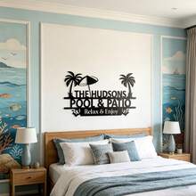 Personalized Pool And Patio Sign, Custom Family Name Metal Wall Art With Palm Tree And Surfboard Design, Outdoor Decor For Backyard And Garden, Backyard Oasis - Black - View 4